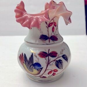 British Stourbridge Glass Pink Cased Crimped Vase Decorated Bird & Flower c.1880